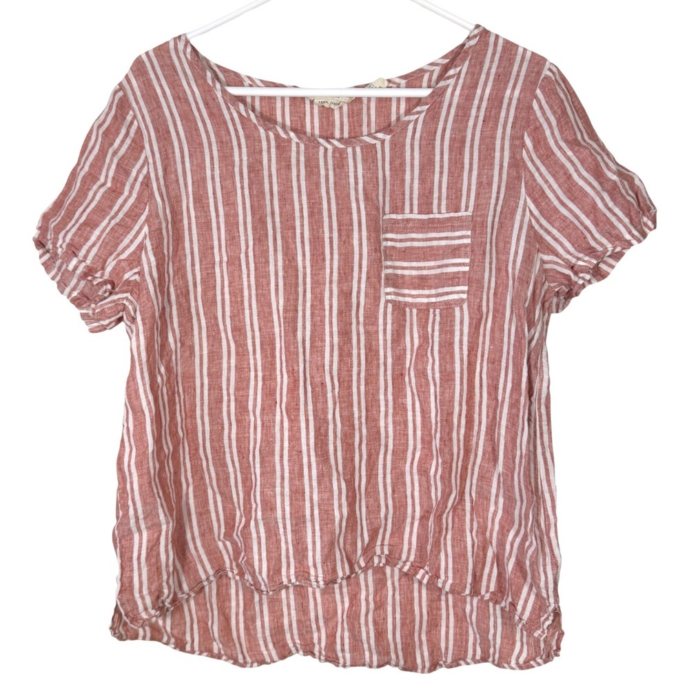 Christian Siriano Linen Blouse Womens Large Red White Striped High Low coastal